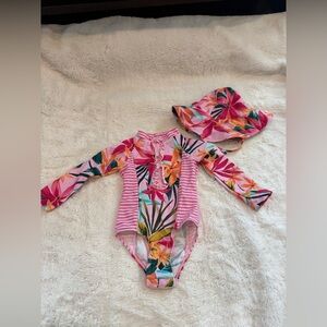 Jessica Simpson Pink Floral Rashguard Swimsuit with Matching Sunhat